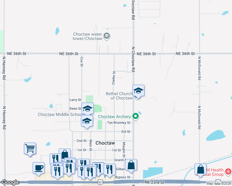 map of restaurants, bars, coffee shops, grocery stores, and more near 3320 Clarke Street in Choctaw