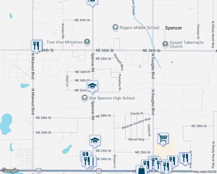 map of restaurants, bars, coffee shops, grocery stores, and more near 3417 Paradise Circle in Spencer