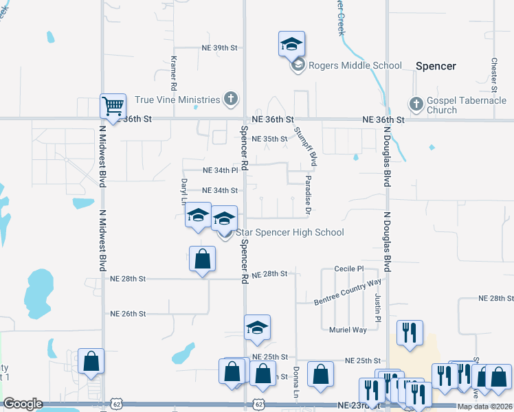 map of restaurants, bars, coffee shops, grocery stores, and more near 3420 Northeast 33rd Circle in Spencer