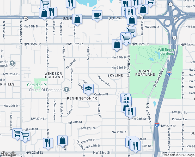 map of restaurants, bars, coffee shops, grocery stores, and more near 3263 Otterson Drive in Oklahoma City