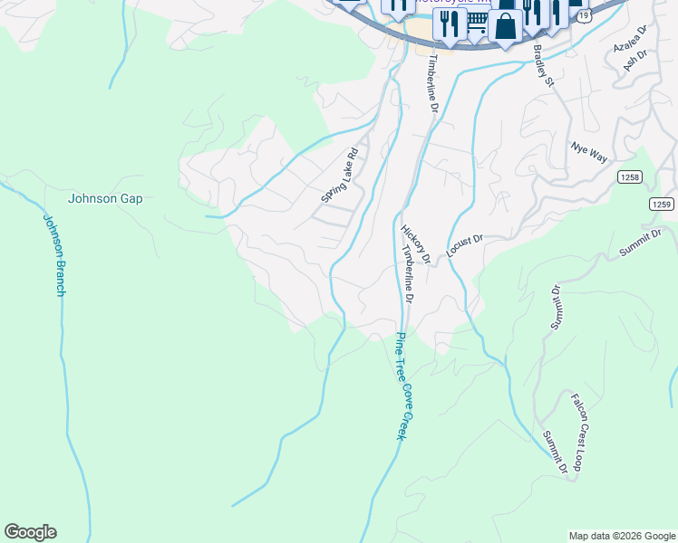 map of restaurants, bars, coffee shops, grocery stores, and more near 536 Locust Drive in Maggie Valley