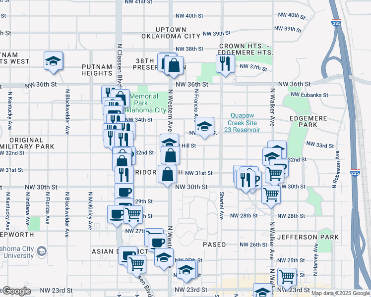 map of restaurants, bars, coffee shops, grocery stores, and more near 1000 West Hill Street in Oklahoma City