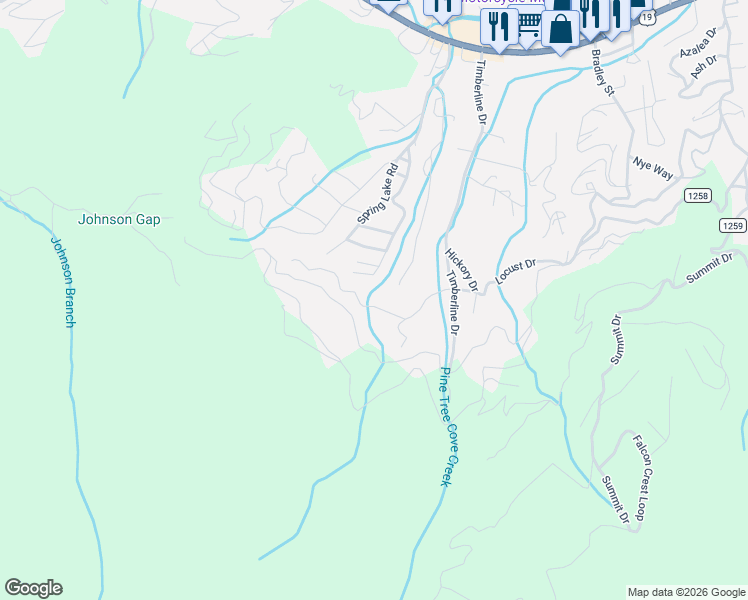 map of restaurants, bars, coffee shops, grocery stores, and more near 536 Locust Drive in Maggie Valley