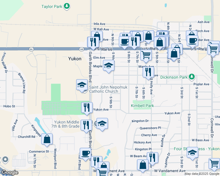 map of restaurants, bars, coffee shops, grocery stores, and more near 946 Poplar Avenue in Yukon