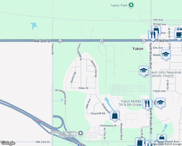 map of restaurants, bars, coffee shops, grocery stores, and more near 1812 Derail Street in Yukon