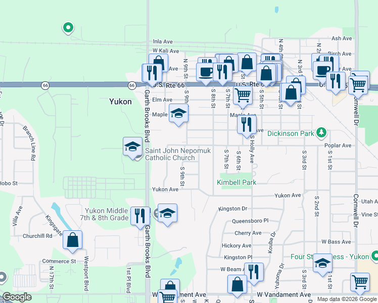map of restaurants, bars, coffee shops, grocery stores, and more near 836 Poplar Avenue in Yukon