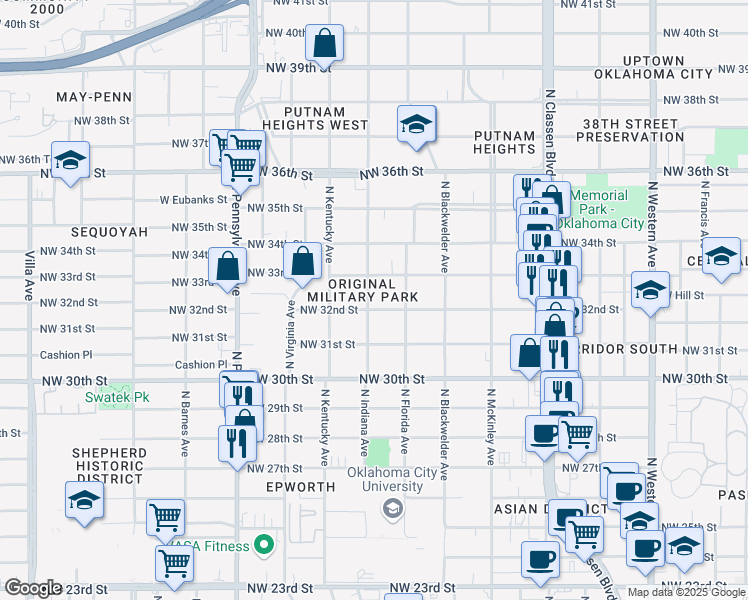 map of restaurants, bars, coffee shops, grocery stores, and more near 1731 Northwest 32nd Street in Oklahoma City