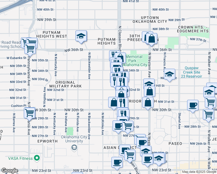 map of restaurants, bars, coffee shops, grocery stores, and more near 1433 Northwest 32nd Street in Oklahoma City