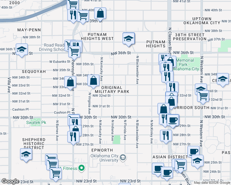 map of restaurants, bars, coffee shops, grocery stores, and more near 1731 Northwest 32nd Street in Oklahoma City