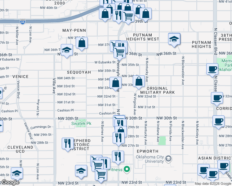 map of restaurants, bars, coffee shops, grocery stores, and more near 3301 North Pennsylvania Avenue in Oklahoma City
