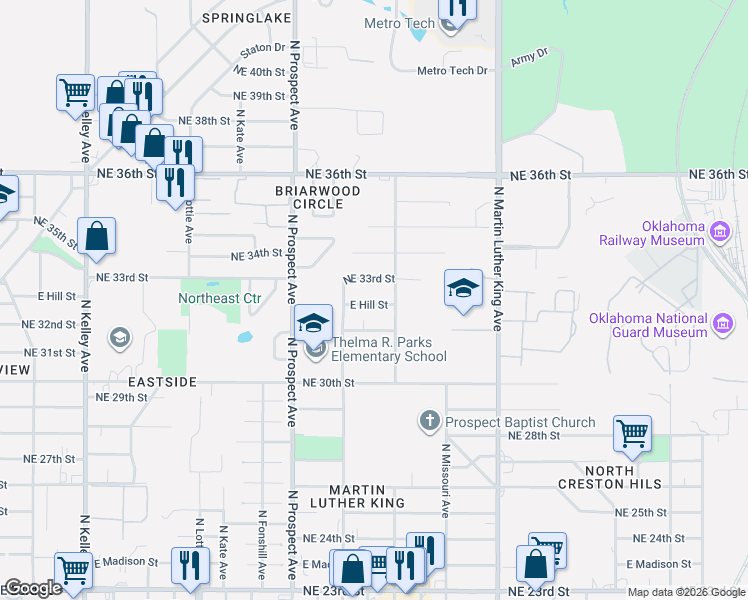 map of restaurants, bars, coffee shops, grocery stores, and more near 1629 East Hill Street in Oklahoma City