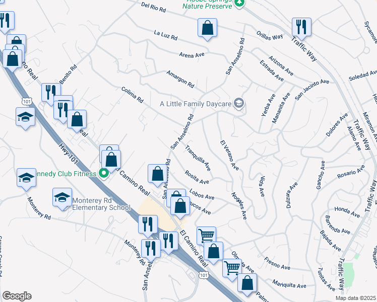 map of restaurants, bars, coffee shops, grocery stores, and more near 4155 Tranquilla Avenue in Atascadero