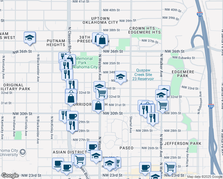 map of restaurants, bars, coffee shops, grocery stores, and more near 1000 West Hill Street in Oklahoma City