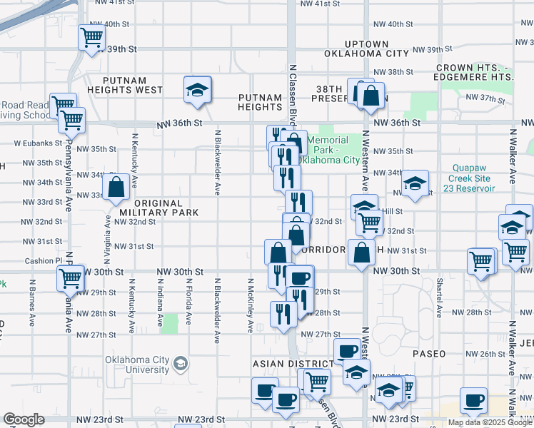 map of restaurants, bars, coffee shops, grocery stores, and more near 1433 Northwest 32nd Street in Oklahoma City
