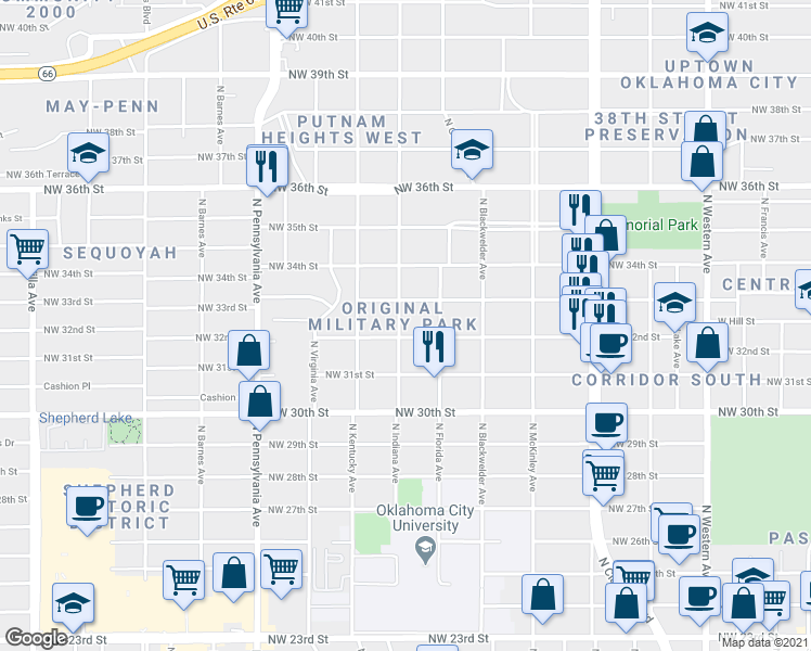map of restaurants, bars, coffee shops, grocery stores, and more near 1731 Northwest 32nd Street in Oklahoma City