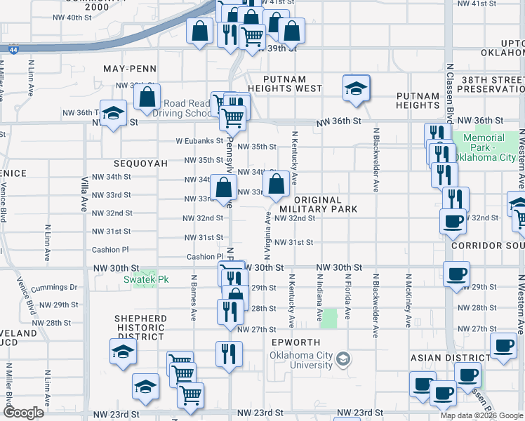 map of restaurants, bars, coffee shops, grocery stores, and more near 3312 North Virginia Avenue in Oklahoma City
