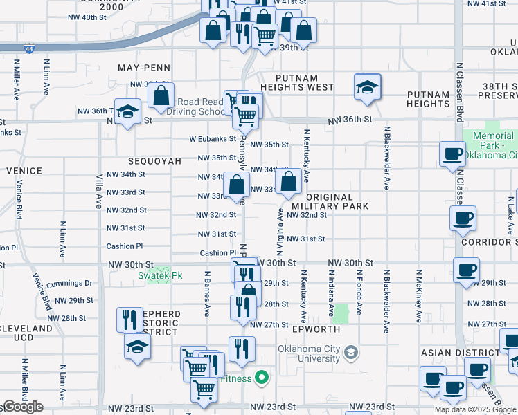 map of restaurants, bars, coffee shops, grocery stores, and more near 2020 Northwest 32nd Terrace in Oklahoma City