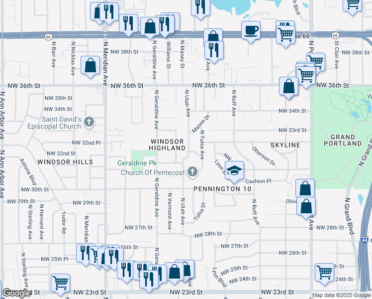 map of restaurants, bars, coffee shops, grocery stores, and more near 3301 North Utah Avenue in Oklahoma City