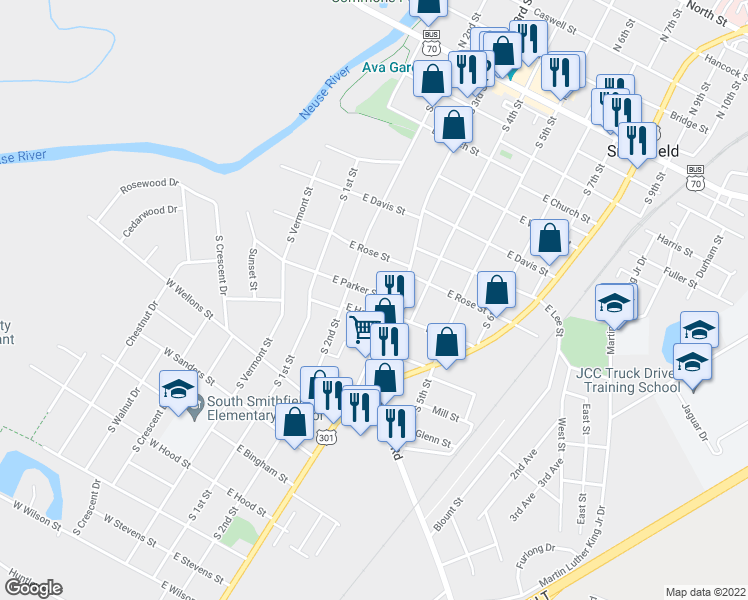 map of restaurants, bars, coffee shops, grocery stores, and more near 214 E Parker St in Smithfield