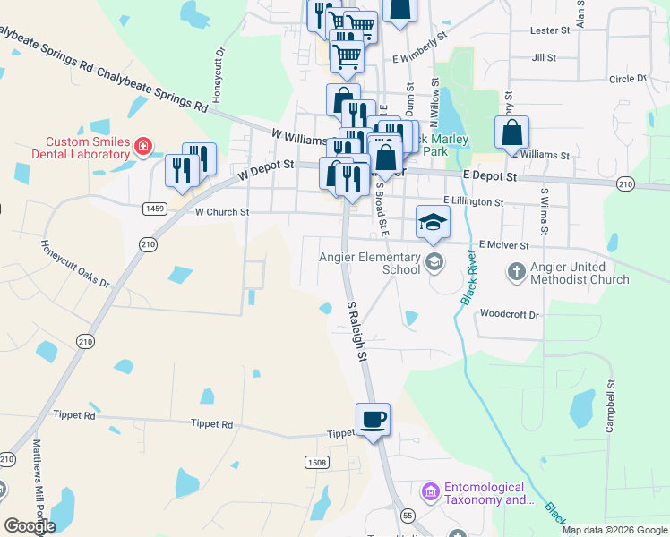 map of restaurants, bars, coffee shops, grocery stores, and more near 259 South Raleigh Street in Angier