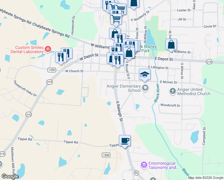 map of restaurants, bars, coffee shops, grocery stores, and more near 259 South Raleigh Street in Angier