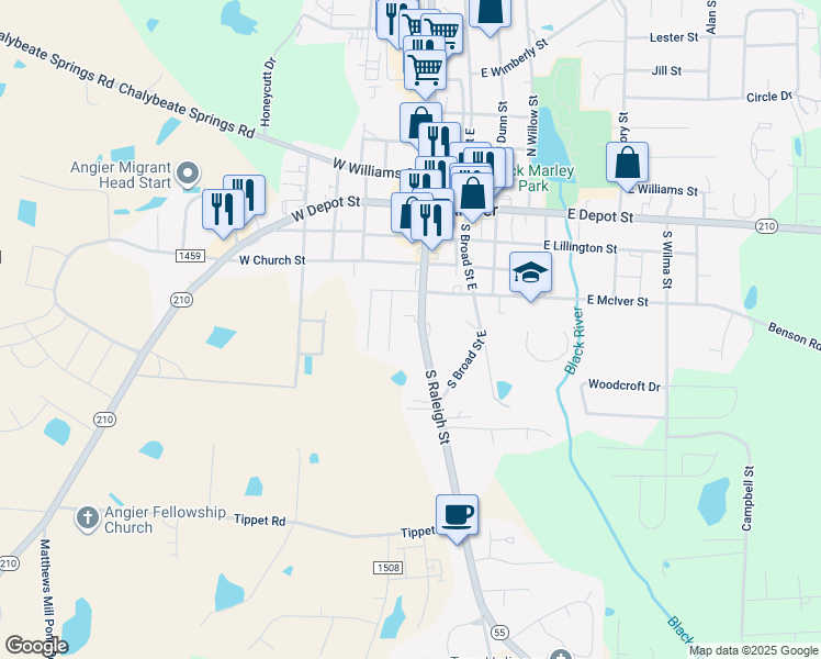 map of restaurants, bars, coffee shops, grocery stores, and more near 278 South Raleigh Street in Angier