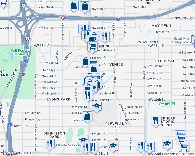 map of restaurants, bars, coffee shops, grocery stores, and more near 2737 Northwest 32nd Street in Oklahoma City