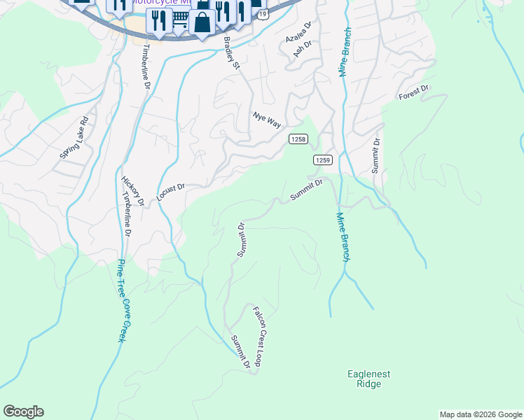 map of restaurants, bars, coffee shops, grocery stores, and more near 1672 Summit Drive in Maggie Valley