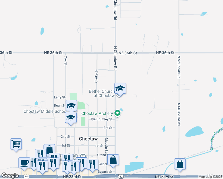 map of restaurants, bars, coffee shops, grocery stores, and more near 3329 North Choctaw Road in Choctaw