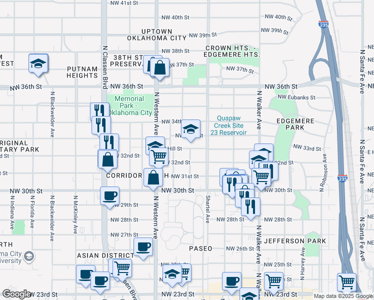map of restaurants, bars, coffee shops, grocery stores, and more near 902 West Hill Street in Oklahoma City