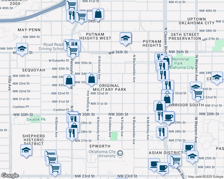 map of restaurants, bars, coffee shops, grocery stores, and more near 1731 Northwest 32nd Street in Oklahoma City