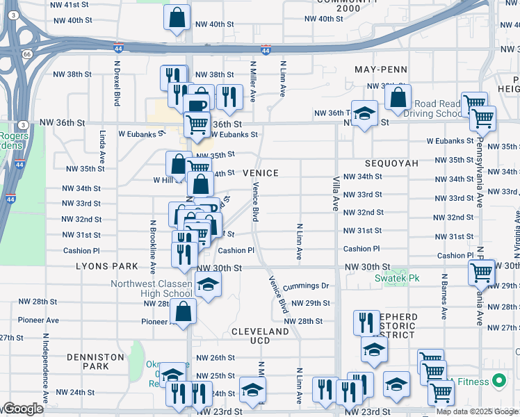 map of restaurants, bars, coffee shops, grocery stores, and more near 3300 Venice Boulevard in Oklahoma City