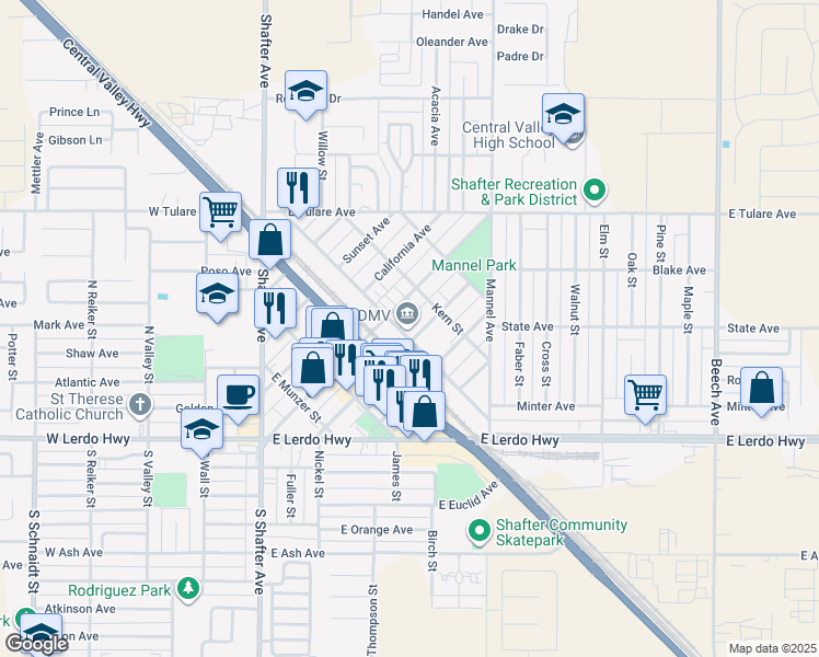 map of restaurants, bars, coffee shops, grocery stores, and more near 548 Walker Street in Shafter