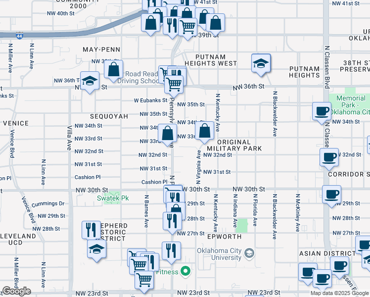 map of restaurants, bars, coffee shops, grocery stores, and more near 2020 Northwest 32nd Terrace in Oklahoma City