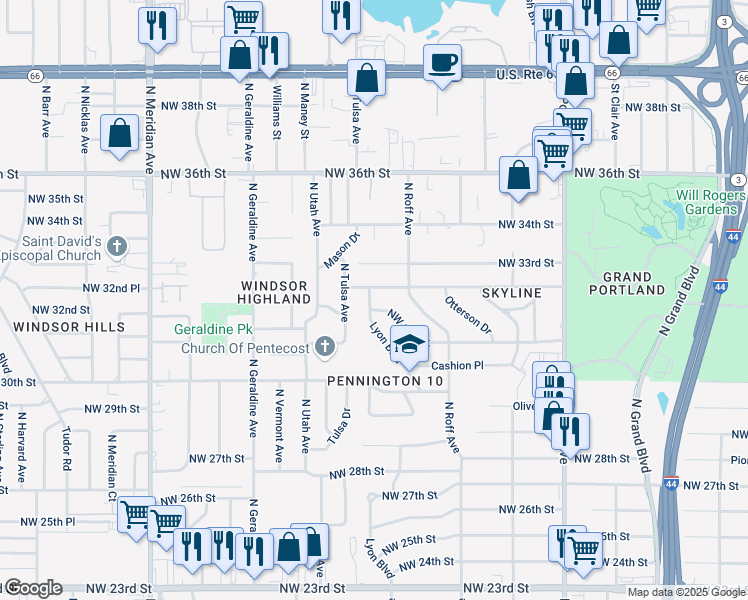 map of restaurants, bars, coffee shops, grocery stores, and more near 3208 Lyon Boulevard in Oklahoma City