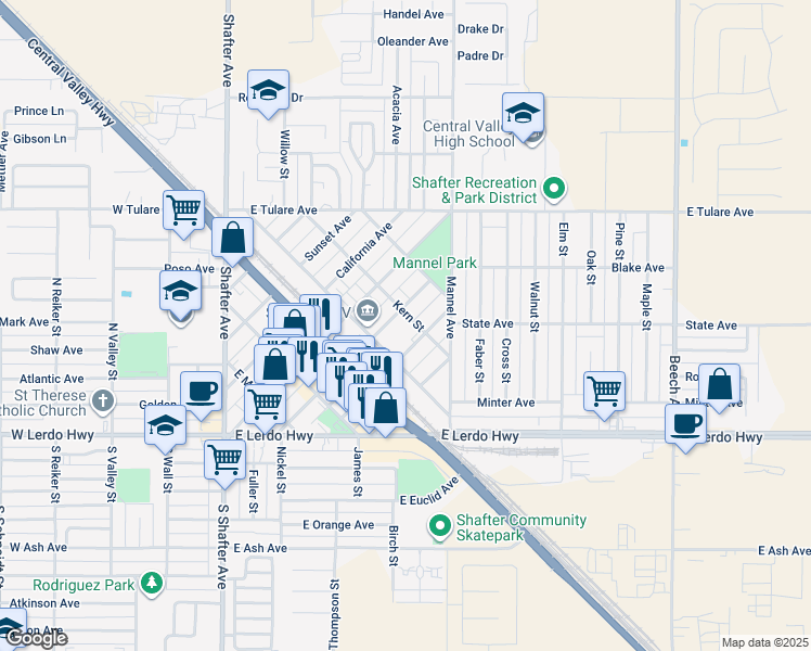 map of restaurants, bars, coffee shops, grocery stores, and more near 615 Kern Street in Shafter