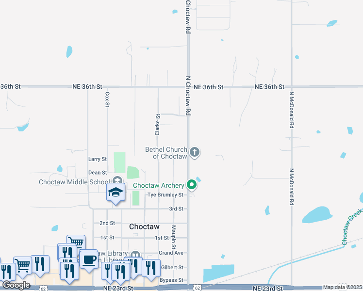 map of restaurants, bars, coffee shops, grocery stores, and more near 3329 North Choctaw Road in Choctaw