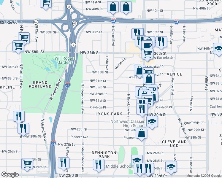 map of restaurants, bars, coffee shops, grocery stores, and more near 3104 Northwest 33rd Street in Oklahoma City