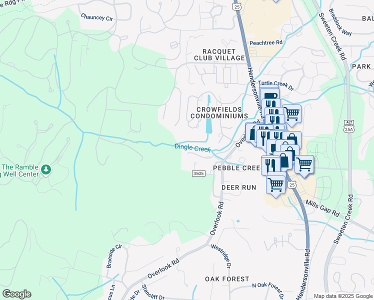 map of restaurants, bars, coffee shops, grocery stores, and more near 716 Crowfields Lane in Asheville