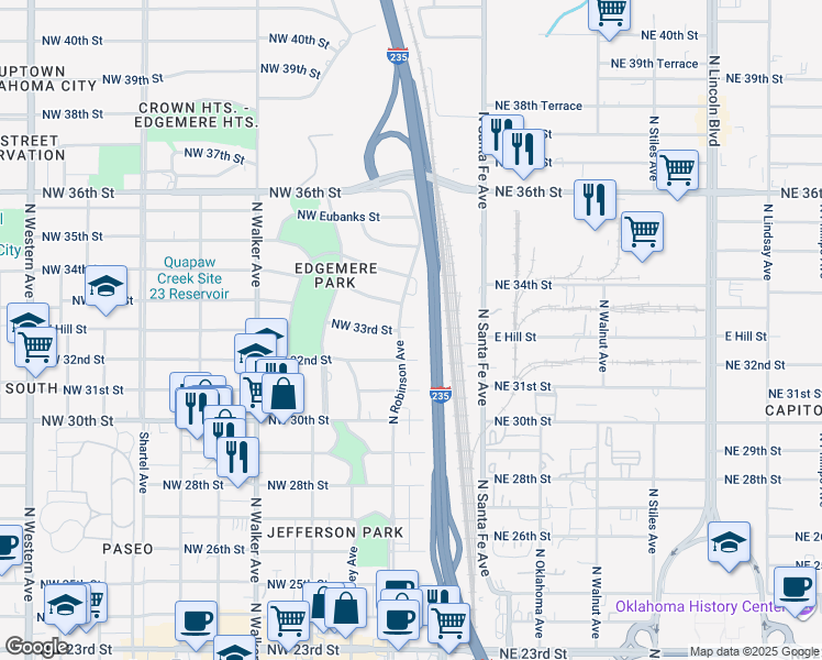 map of restaurants, bars, coffee shops, grocery stores, and more near 3404 North Robinson Avenue in Oklahoma City