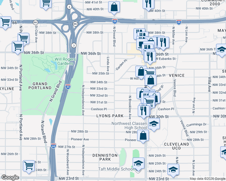 map of restaurants, bars, coffee shops, grocery stores, and more near 3104 Northwest 33rd Street in Oklahoma City