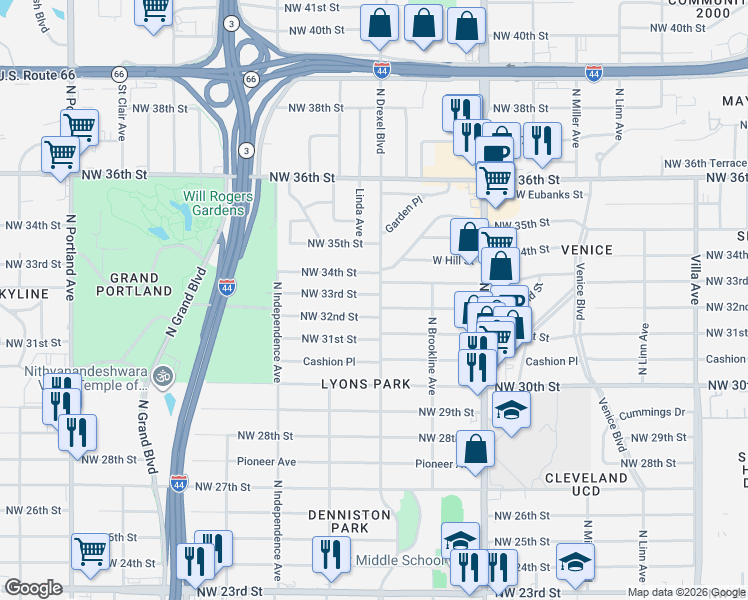 map of restaurants, bars, coffee shops, grocery stores, and more near 3104 Northwest 33rd Street in Oklahoma City