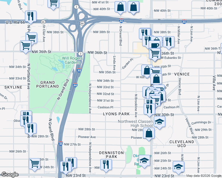 map of restaurants, bars, coffee shops, grocery stores, and more near 3140 Northwest 33rd Street in Oklahoma City