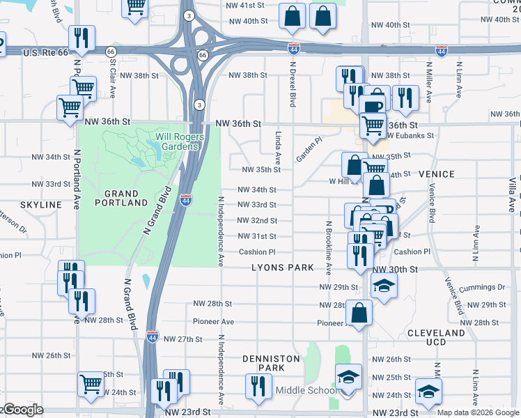 map of restaurants, bars, coffee shops, grocery stores, and more near 3140 Northwest 33rd Street in Oklahoma City