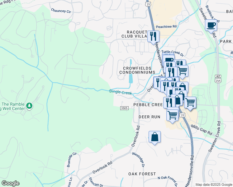 map of restaurants, bars, coffee shops, grocery stores, and more near 716 Crowfields Lane in Asheville