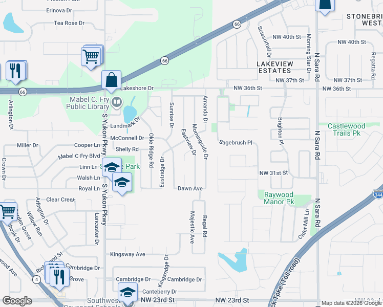 map of restaurants, bars, coffee shops, grocery stores, and more near 1220 Eastview Circle in Yukon