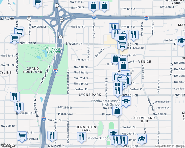 map of restaurants, bars, coffee shops, grocery stores, and more near 3104 Northwest 33rd Street in Oklahoma City