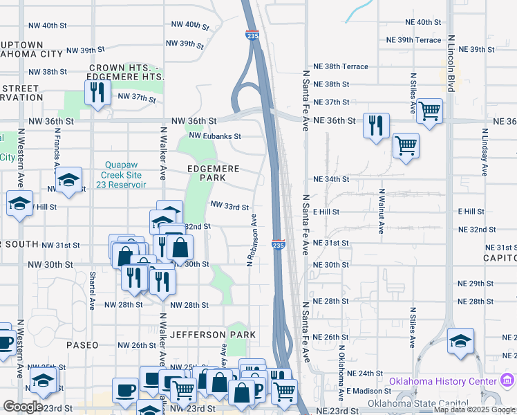 map of restaurants, bars, coffee shops, grocery stores, and more near 3400 North Robinson Avenue in Oklahoma City