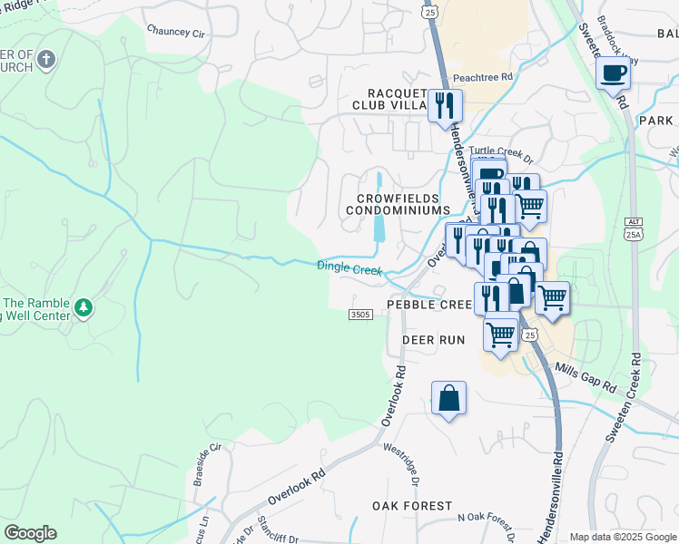 map of restaurants, bars, coffee shops, grocery stores, and more near 716 Crowfields Lane in Asheville