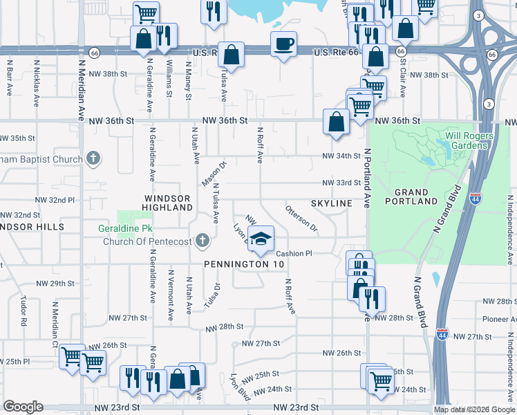 map of restaurants, bars, coffee shops, grocery stores, and more near 3257 North Roff Avenue in Oklahoma City
